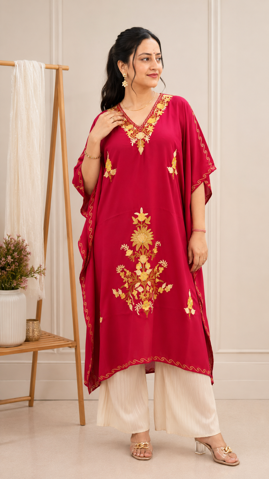 Aari Work Crepe Kaftan in Soft Pink with Gold Motifs