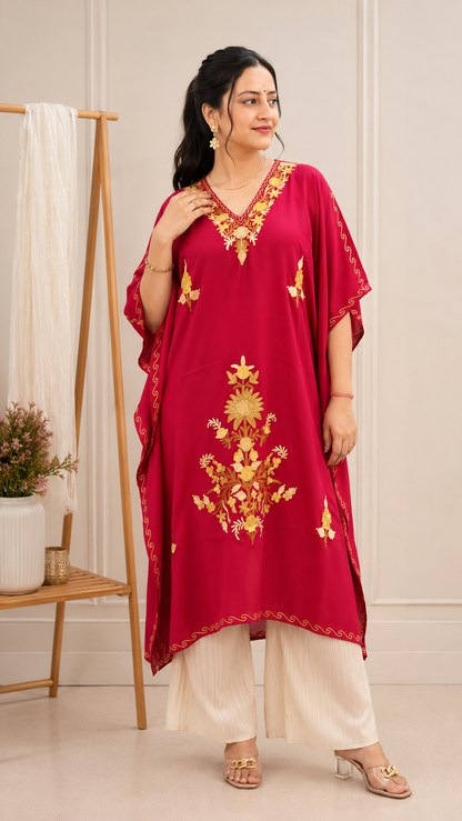 Aari Work Crepe Kaftan in Soft Pink with Gold Motifs
