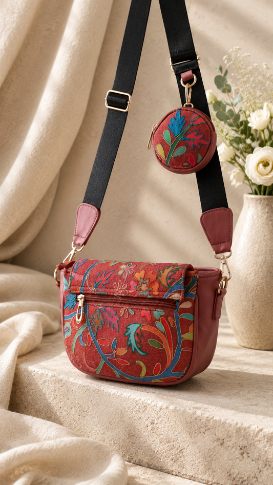 Aari Work Cotton Sling Bag with Floral Motifs in Pink