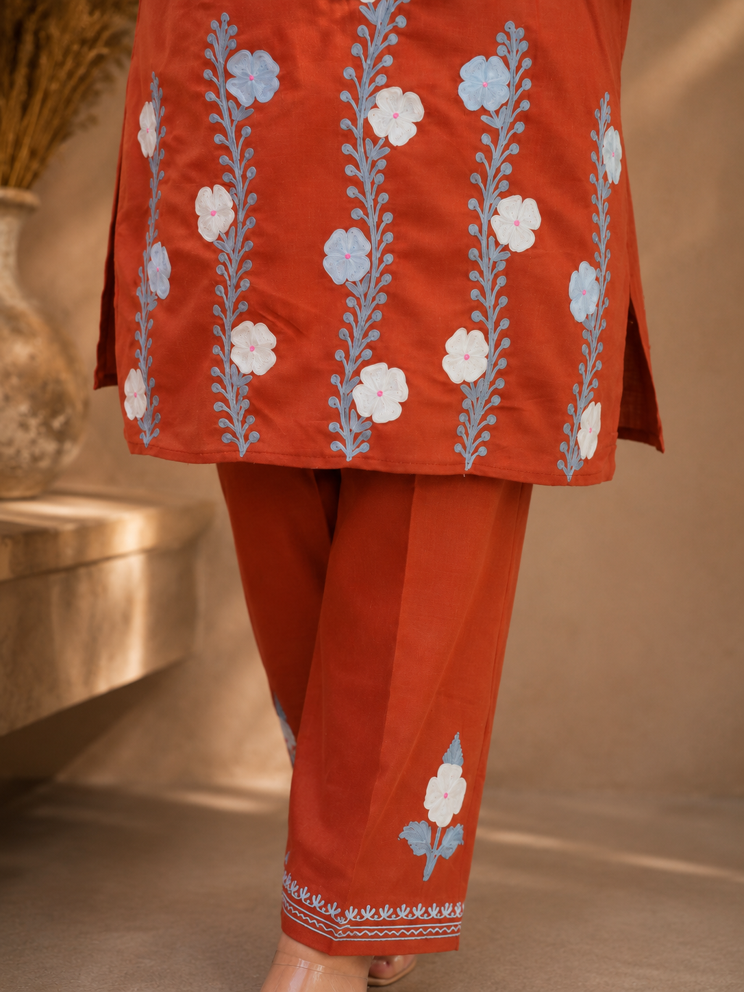 Rust Ruby Cotton Thari Daman Aari Work Cord Set