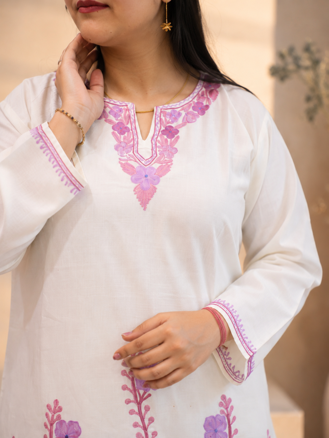Thari Daman Cord Set with Intricate Aari Work in Ruby Cotton