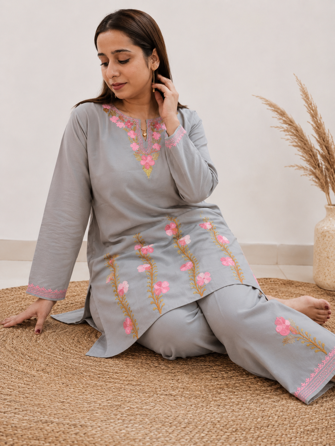 Thari Daman Aari Work Cord Set in Ruby Cotton Grey