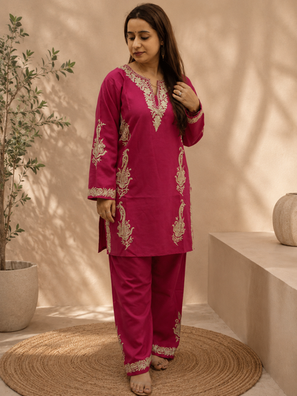 Badami Side Aari Work Cord Set in Dark Pink Ruby Cotton