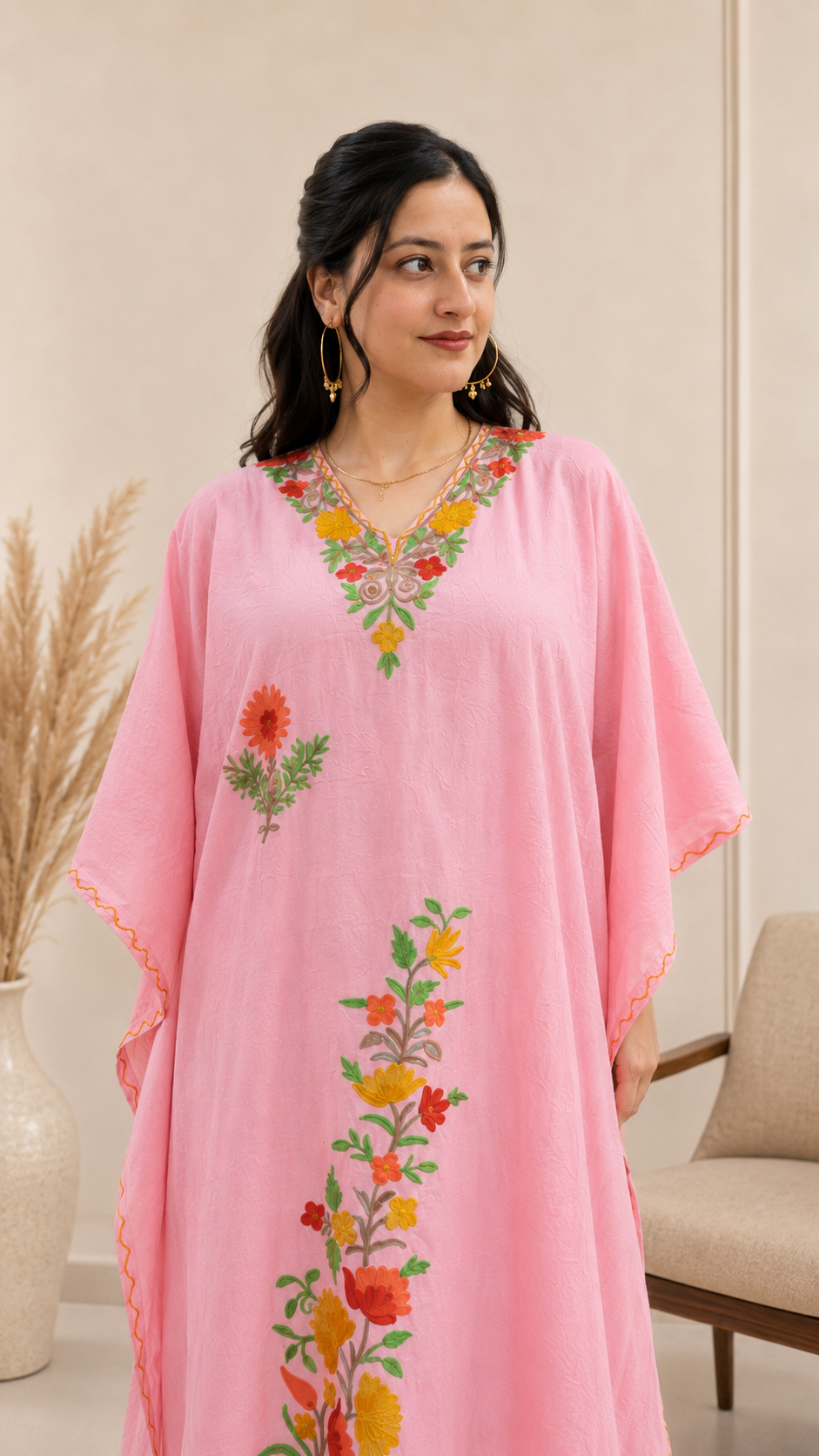 Light Pink Crushed Cotton Kaftan with Aari Work