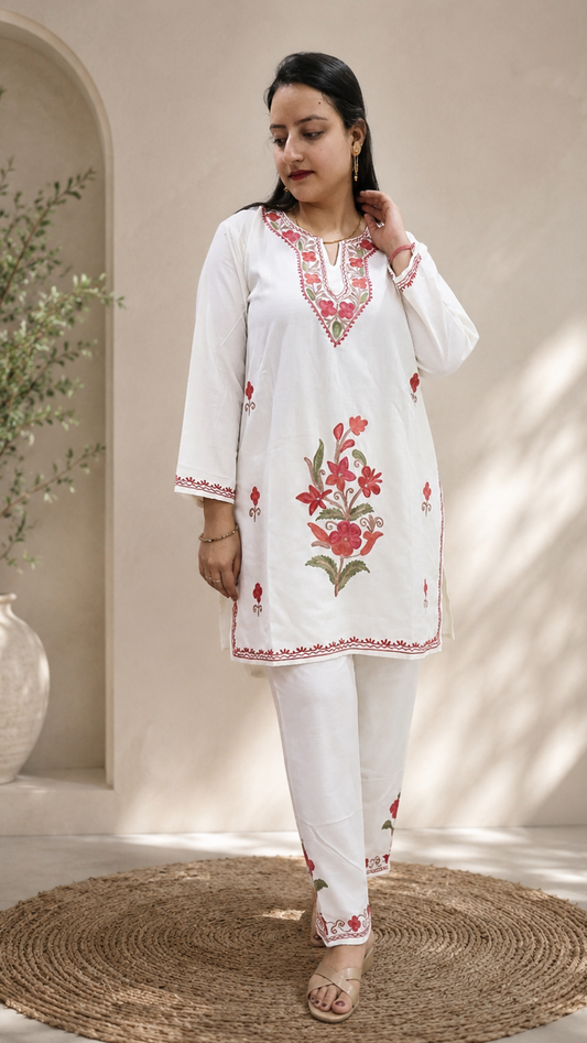 Flower Daman Aari Work Cord Set in Ruby Cotton