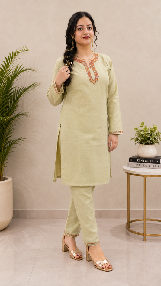 Sozni Handwork Cord Set in Light Green Ruby Cotton