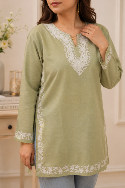 Handcrafted Aari Work Short Kurti in Green Blue Ruby Cotton