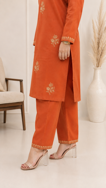 Rust Orange Sozni Handwork Cord Set in Ruby Cotton