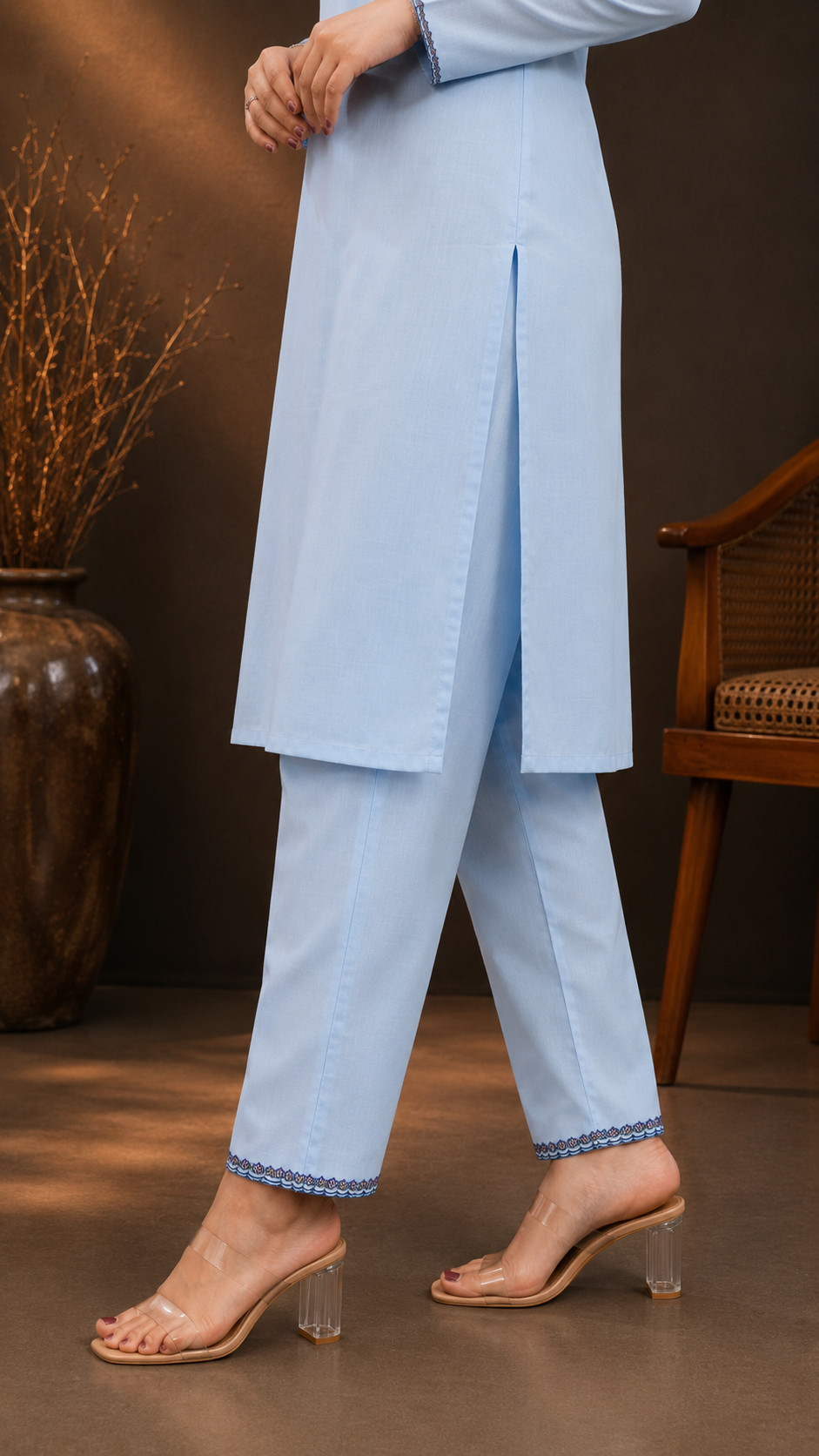 Sky Blue Sozni Handwork Cord Set in Ruby Cotton