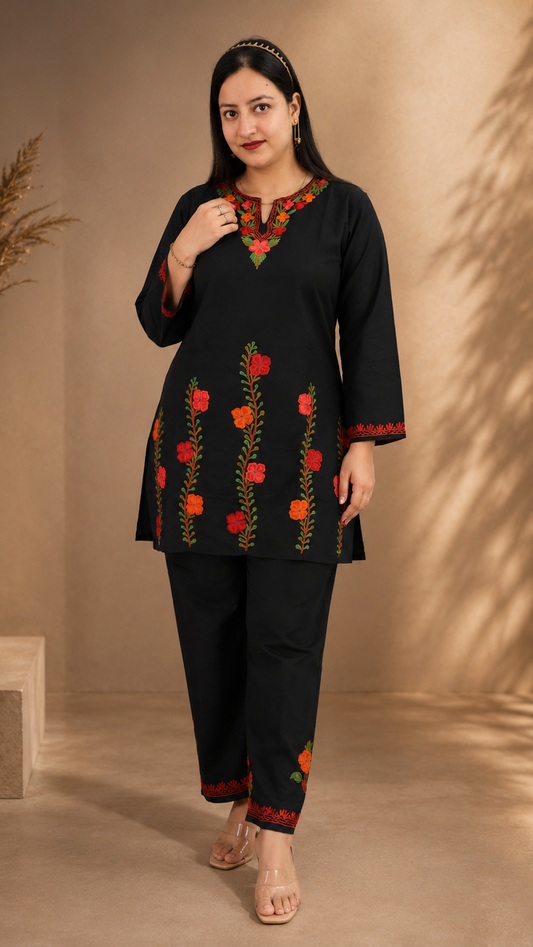 Black Ruby Cotton Thari Daman Aari Work Cord Set