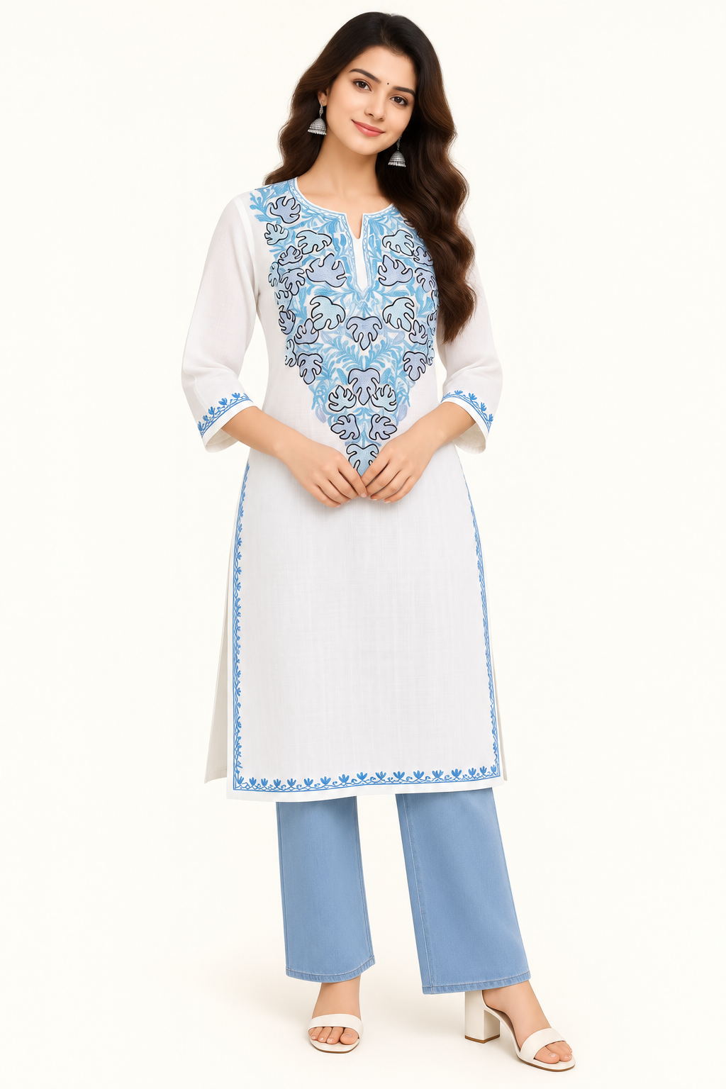 White Aari Work Long Kurti – Summer Tops