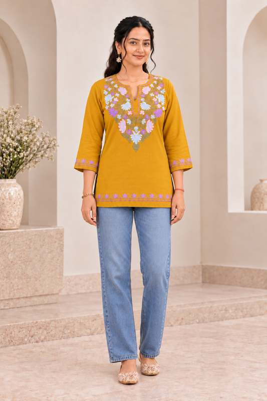Mustard Purple Aari Work Short Kurti – Summer Tops