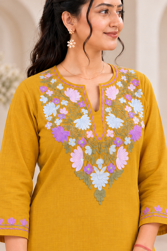 Mustard Purple Aari Work Short Kurti – Summer Tops