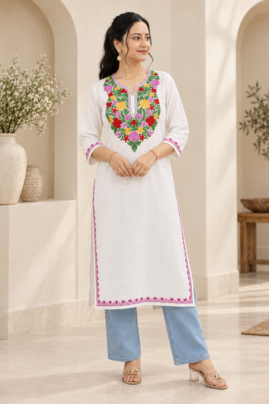 White Green Aari Work Long Kurti – Summer Tops
