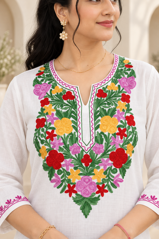 White Green Aari Work Long Kurti – Summer Tops