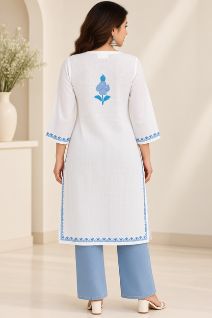 White Aari Work Long Kurti – Summer Tops
