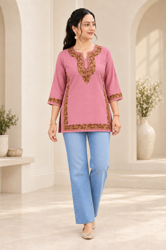 Pink Aari Work Short Kurti – Summer Tops