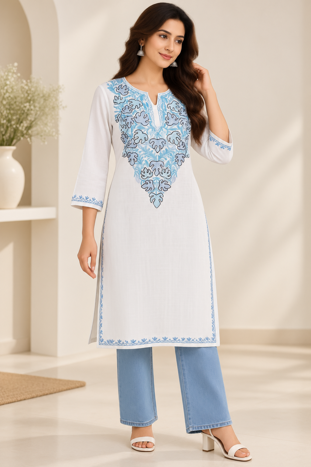 White Aari Work Long Kurti – Summer Tops