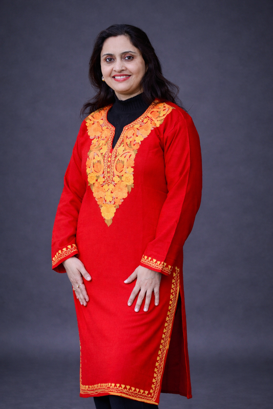 Ruby Winter Red Long Kurta with Golden Aari Embroidery