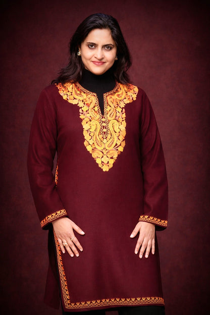 Wine Winter Long Kurti with Aari Embroidery